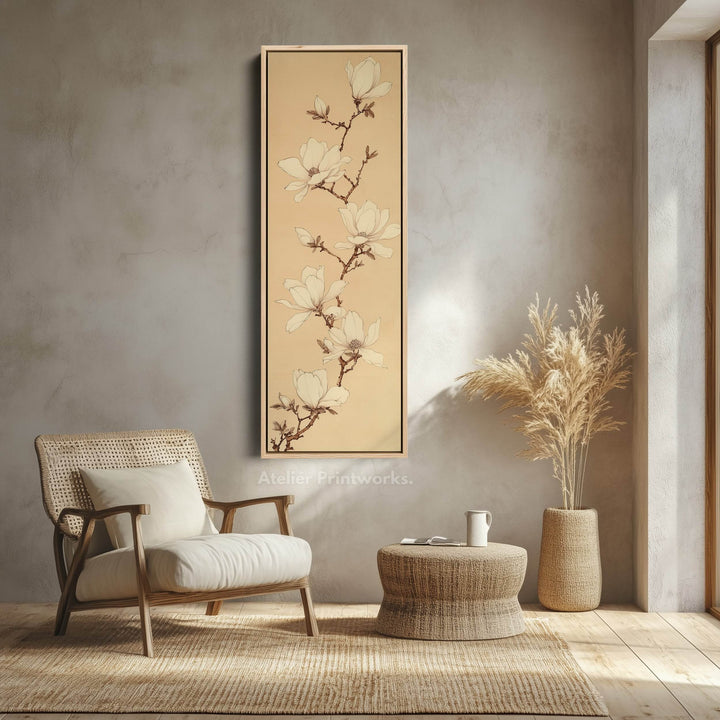 White Magnolia Long Narrow Vertical Wall Art Large Canvas Wall Decor - Atelier Printworks