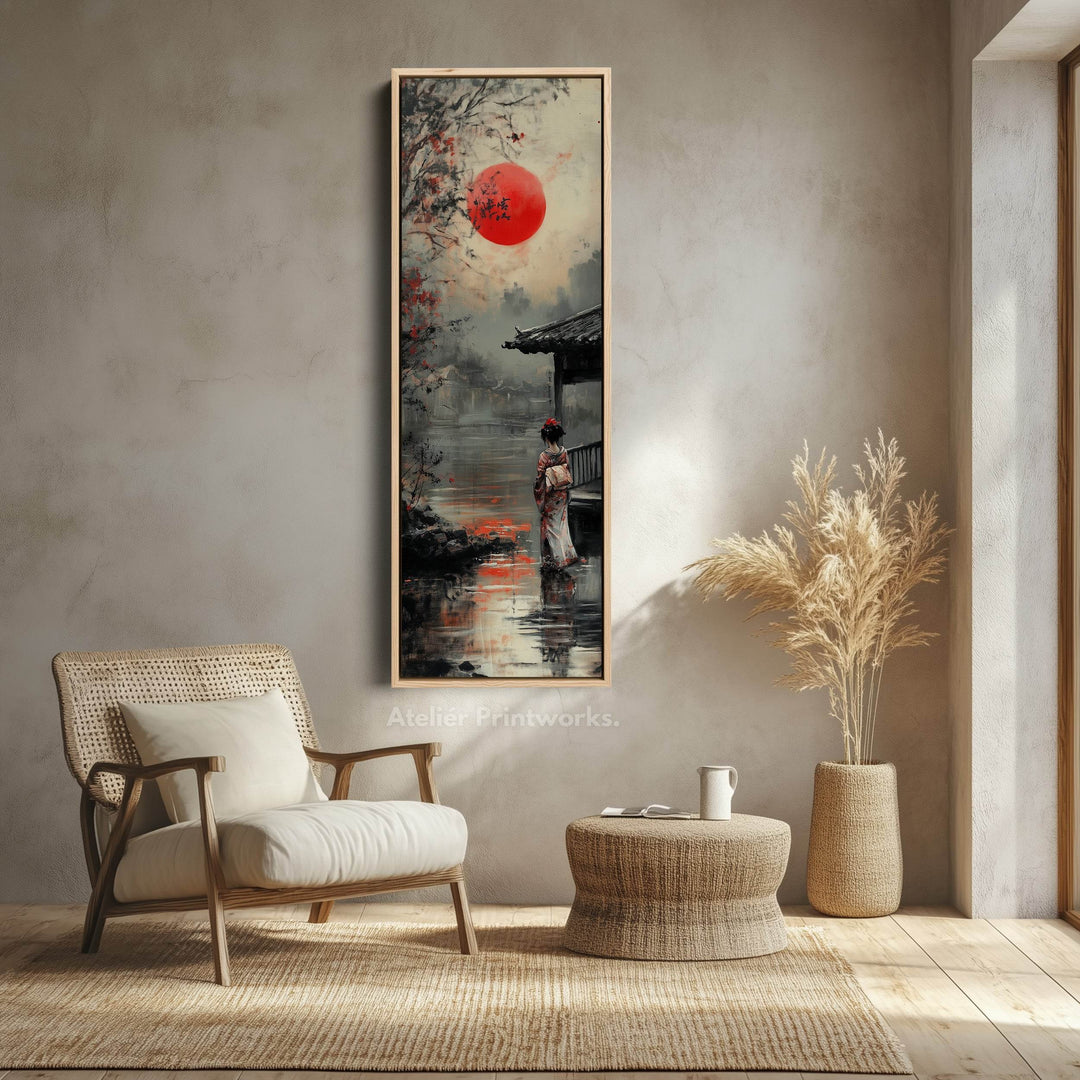 Japanese Geisha Long Narrow Framed Canvas Wall Art For Living Room - Atelier Printworks