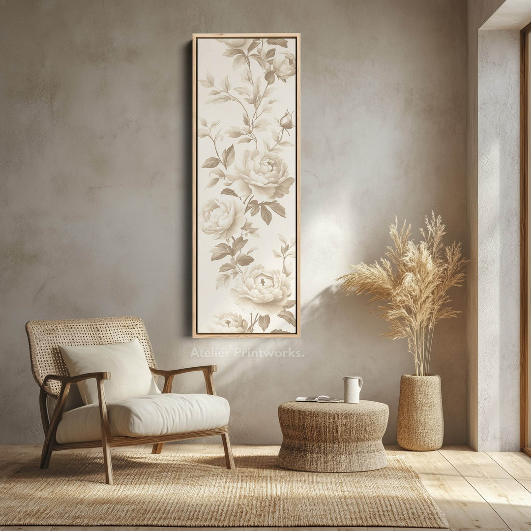 Vertical Beige Peonies Floral Long Framed Canvas Decor - Atelier Printworks