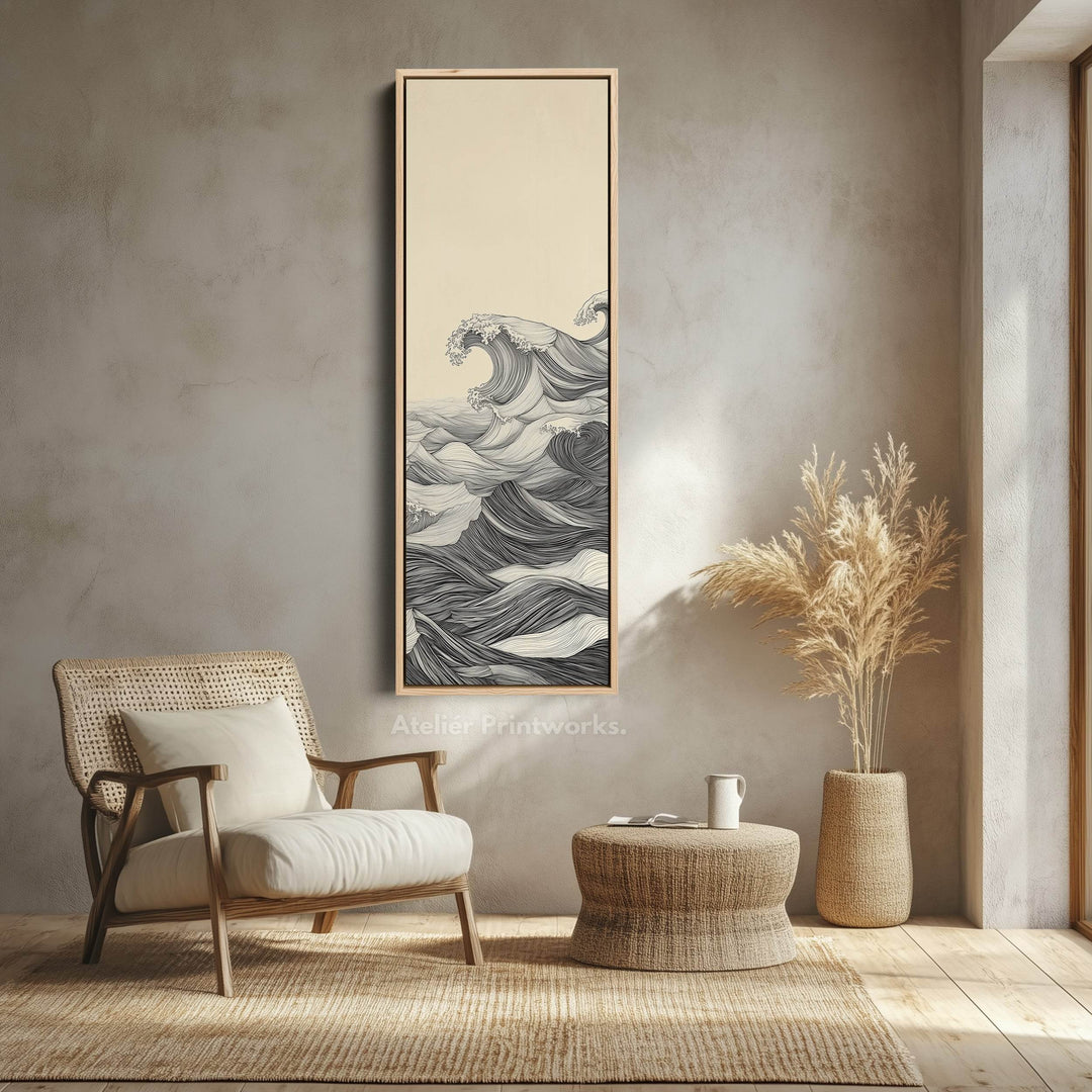 Vertical Abstract Ocean Wave Long Framed Canvas Decor - Atelier Printworks