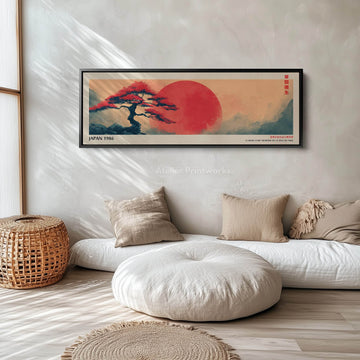 Red Sun and Bonsai – Long Narrow Japandi Wall Art Japanese Tree Landscape Canvas - Atelier Printworks