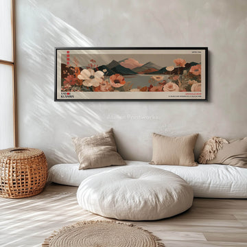 Yayoi Kusama Floral Landscape – Long Narrow Framed Canvas - Japanese Flower & Mountain Wall Art - Atelier Printworks