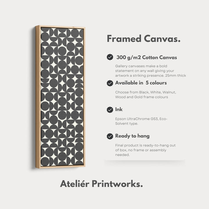 Retro Circle Grid Long Vertical Framed Canvas for Modern Living Room or Hallway - Atelier Printworks