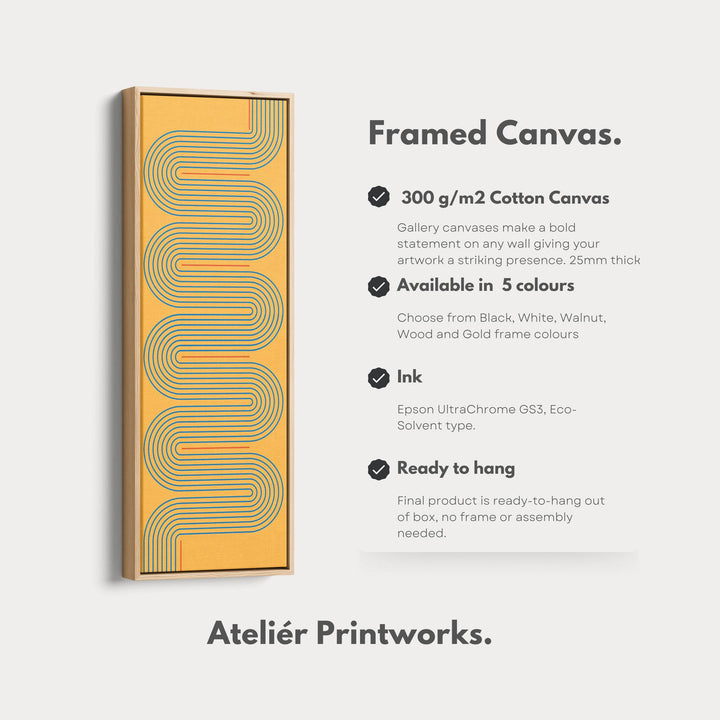 Playful Retro Curves Mustard Vertical Framed Canvas for Bedroom or Creative Workspace - Atelier Printworks