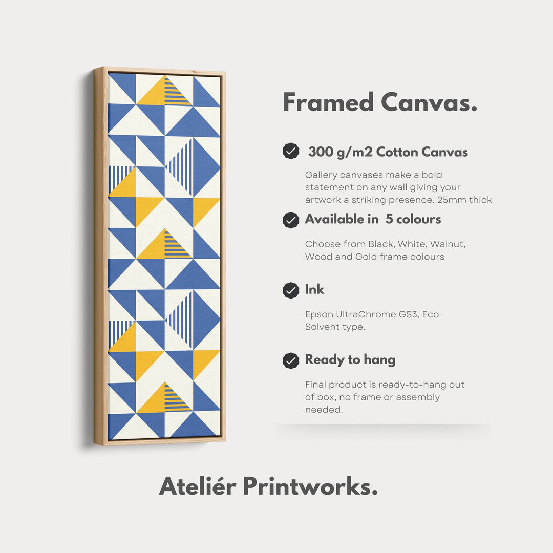Retro Blue and Yellow Triangles Vertical Framed Canvas Wall Art for Bedroom or Hallway - Atelier Printworks