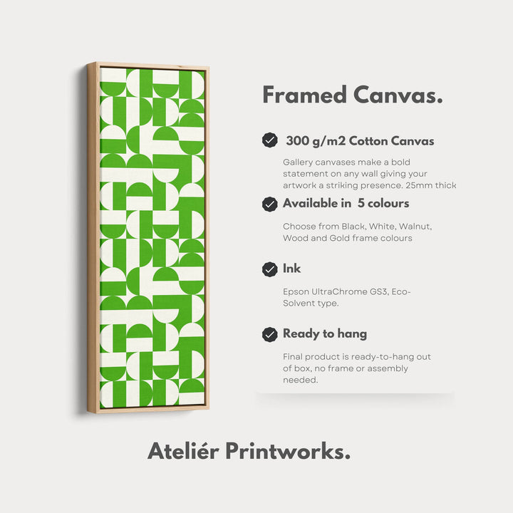 Geometric Green Circles Vertical Framed Canvas Wall Art for Hallway or Office - Atelier Printworks