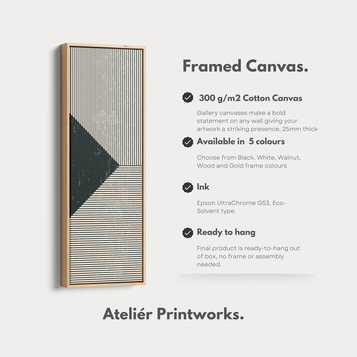 Minimalist Black and Beige Stripes Vertical Framed Canvas Wall Art for Hallway or Office - Atelier Printworks