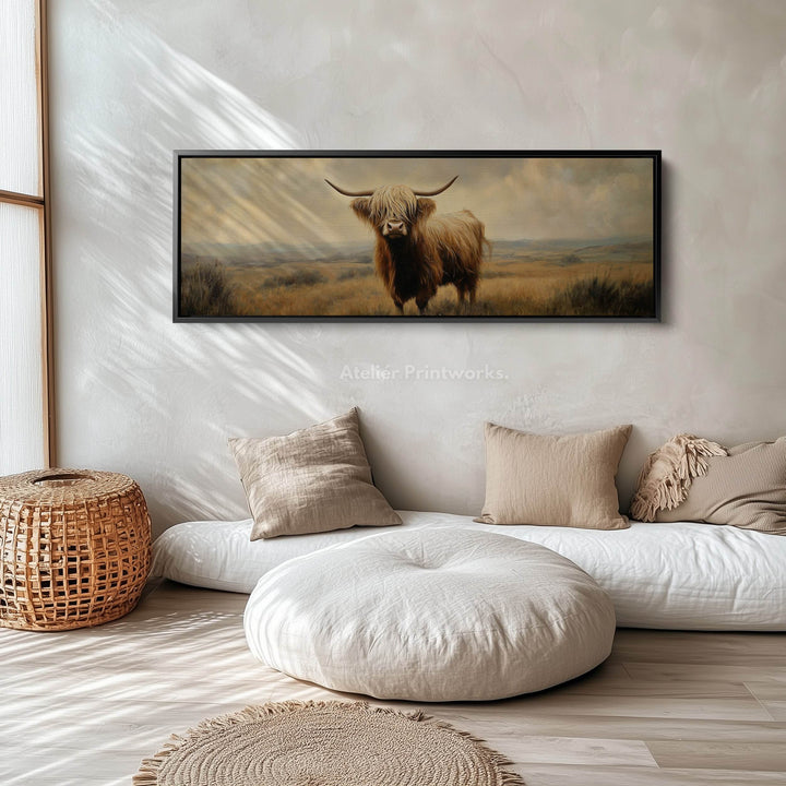 Highland Cow Picture Panoramic Long Narrow Wall Art Large Canvas Decor - Atelier Printworks