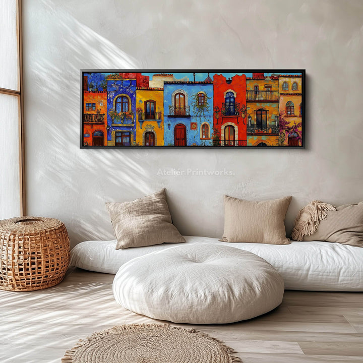 Colourful Houses Large Horizontal Framed Canvas Wall Art - Atelier Printworks