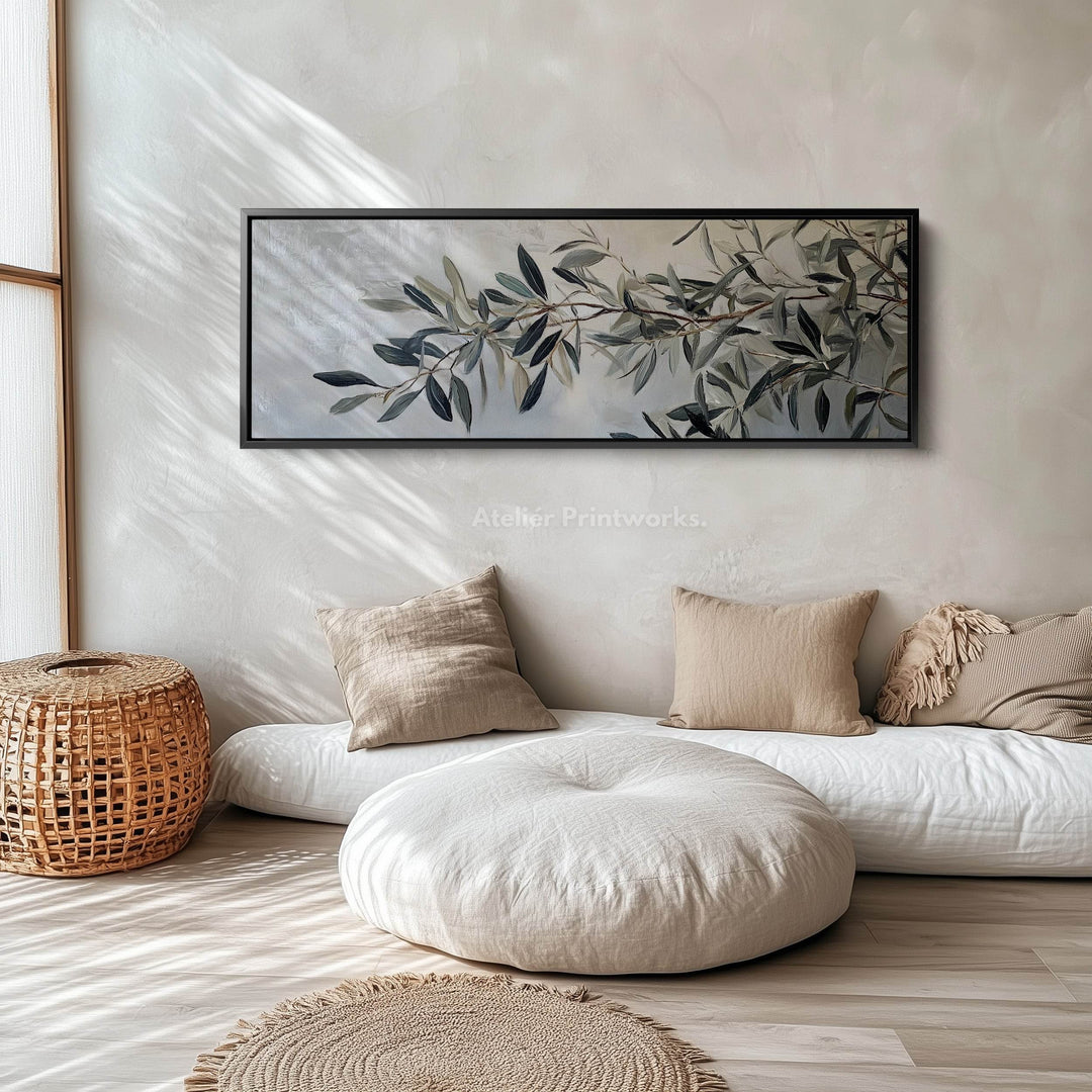 Olive Branch Framed Canvas Wall Art Print Long Horizontal Art - Atelier Printworks