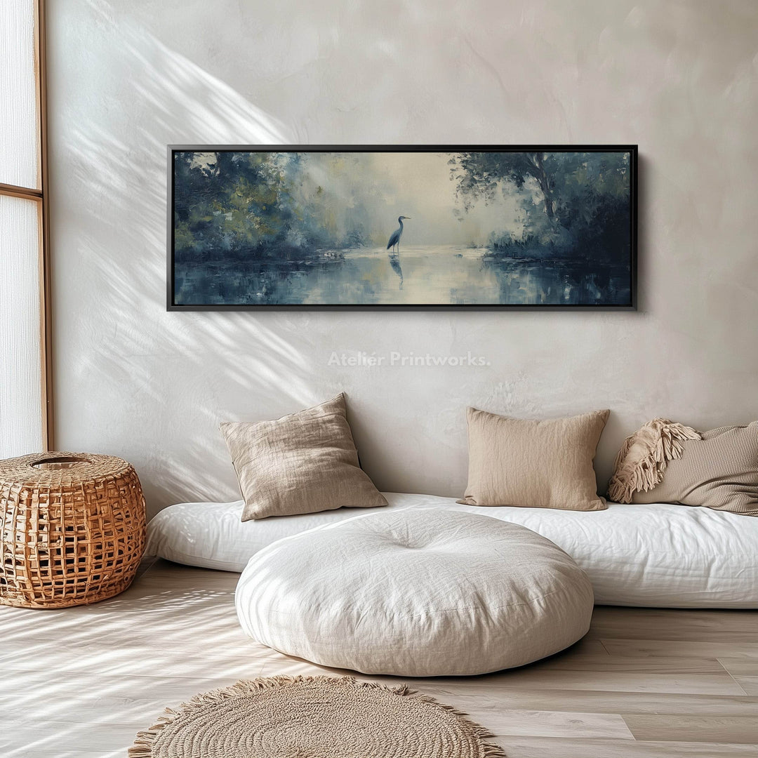 Muted Heron Long Horizontal Skinny Framed Canvas - Atelier Printworks