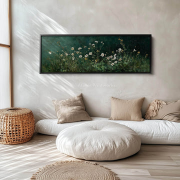 Long Narrow Vintage Wildflower Framed Canvas – Dark Green Horizontal Wall Art - Atelier Printworks