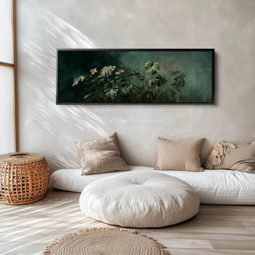 Dark Green Wildflower Vintage Horizontal Framed Canvas – Narrow Wide Wall Art - Atelier Printworks