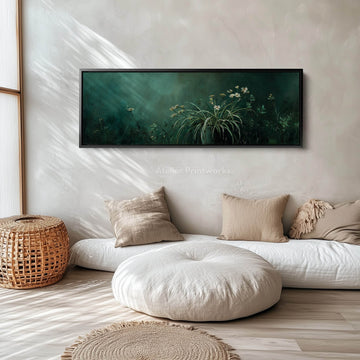 Green Botanical Wide Framed Canvas – Vintage Horizontal Long Narrow Wall Art - Atelier Printworks