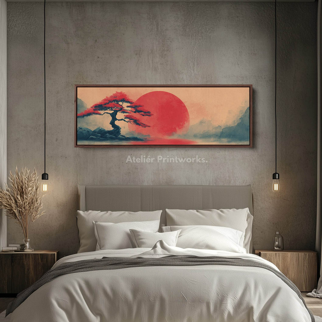 Bonsai Tree with Red Sun – Long Narrow Japanese Landscape Canvas - Japandi Wall Art - Atelier Printworks