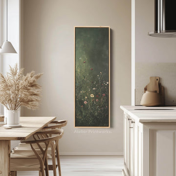 Vintage Wild Flowers Dark Green Vertical Wall Art - Tall Long Narrow Vertical Wall Decor - Atelier Printworks