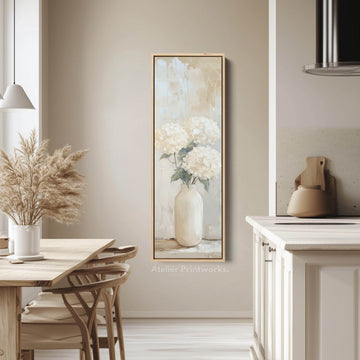 Tall Vertical Framed Canvas Beige Hydrangeas - Atelier Printworks