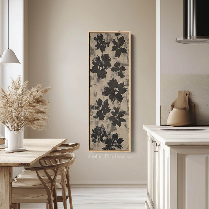 Black Abstract Floral Vertical Long Framed Canvas Wall Art - Atelier Printworks