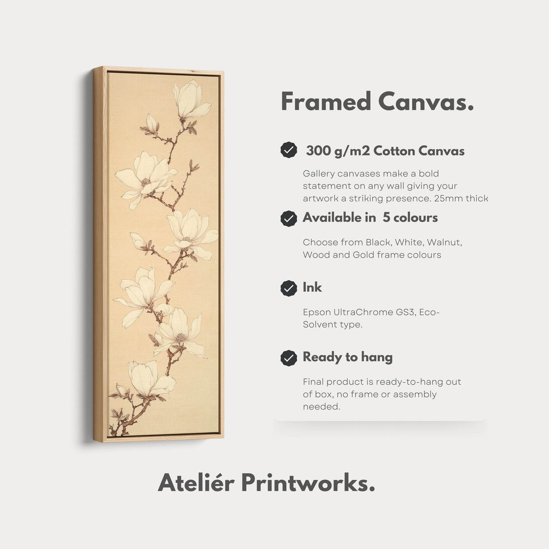 White Magnolia Long Narrow Vertical Wall Art Large Canvas Wall Decor - Atelier Printworks