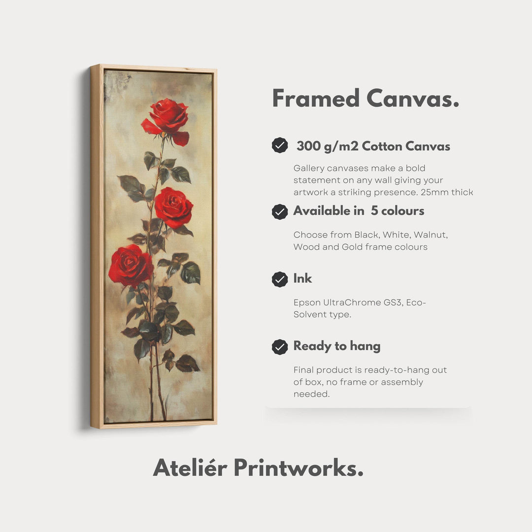 Red Roses Long Narrow Framed Canvas Wall Art For Living Room - Atelier Printworks
