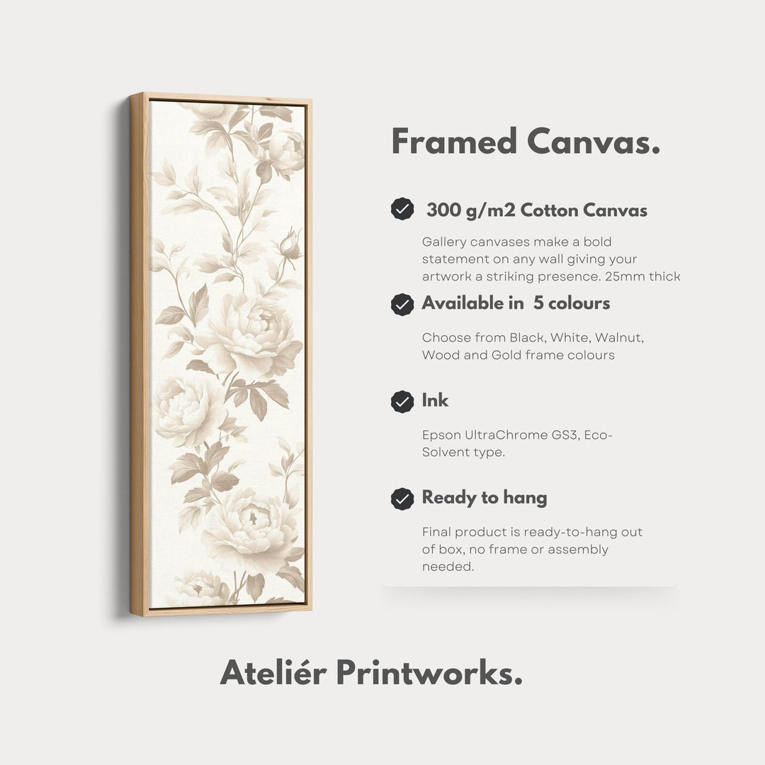 Vertical Beige Peonies Floral Long Framed Canvas Decor - Atelier Printworks