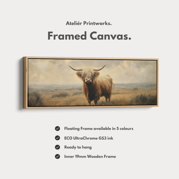 Highland Cow Picture Panoramic Long Narrow Wall Art Large Canvas Decor - Atelier Printworks