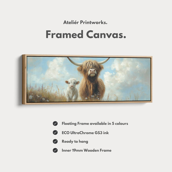 Scottish Highland Cow Framed Canvas Large Horizontal Wall Art - Atelier Printworks