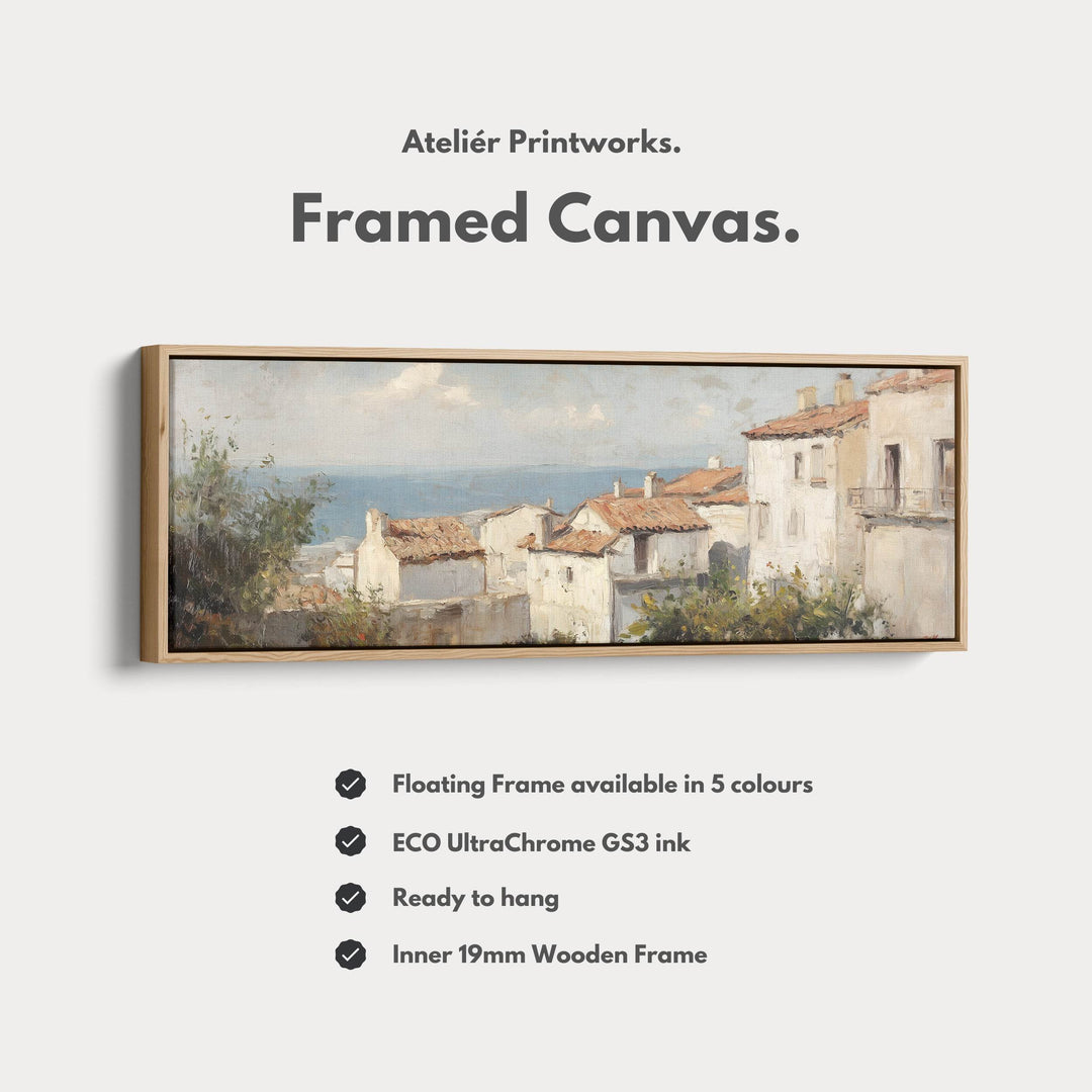 Mediterranean Coastal Seascape Large Framed Long Canvas Horizontal Wall Art - Atelier Printworks