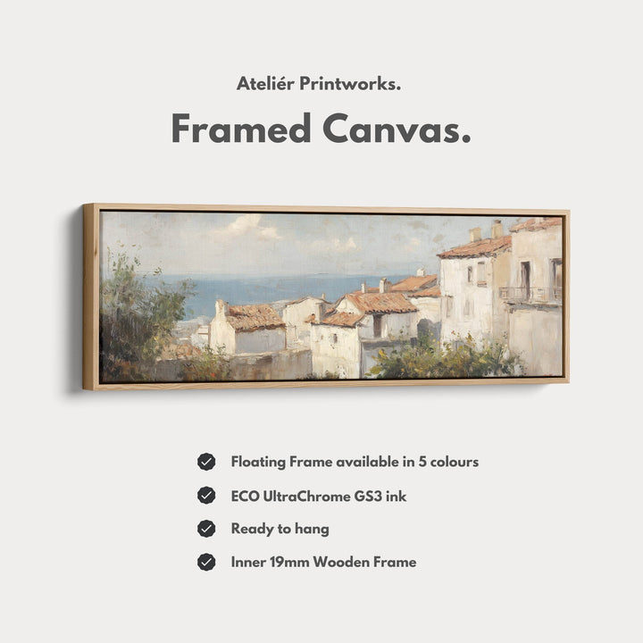 Mediterranean Coastal Seascape Large Framed Long Canvas Horizontal Wall Art - Atelier Printworks