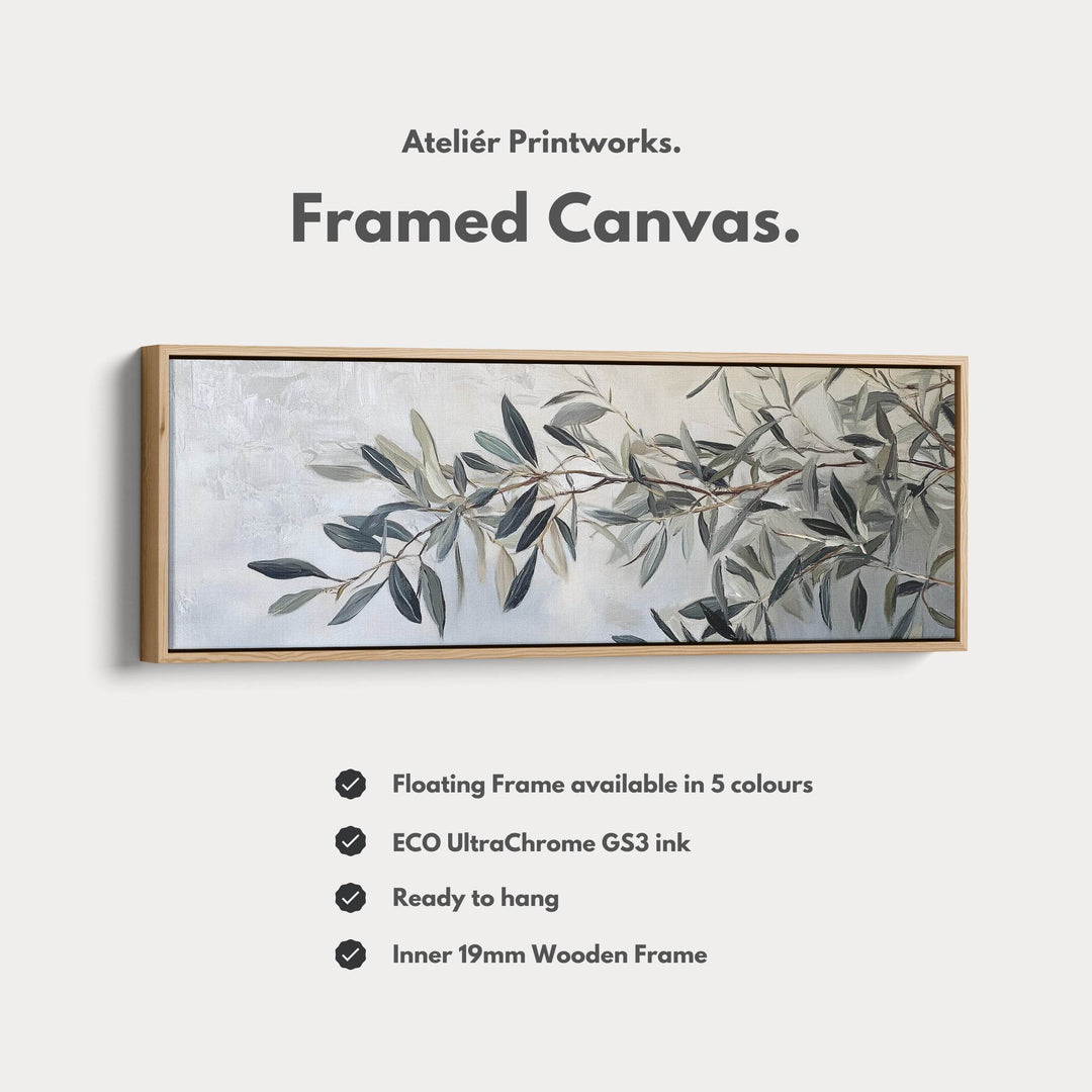 Olive Branch Framed Canvas Wall Art Print Long Horizontal Art - Atelier Printworks