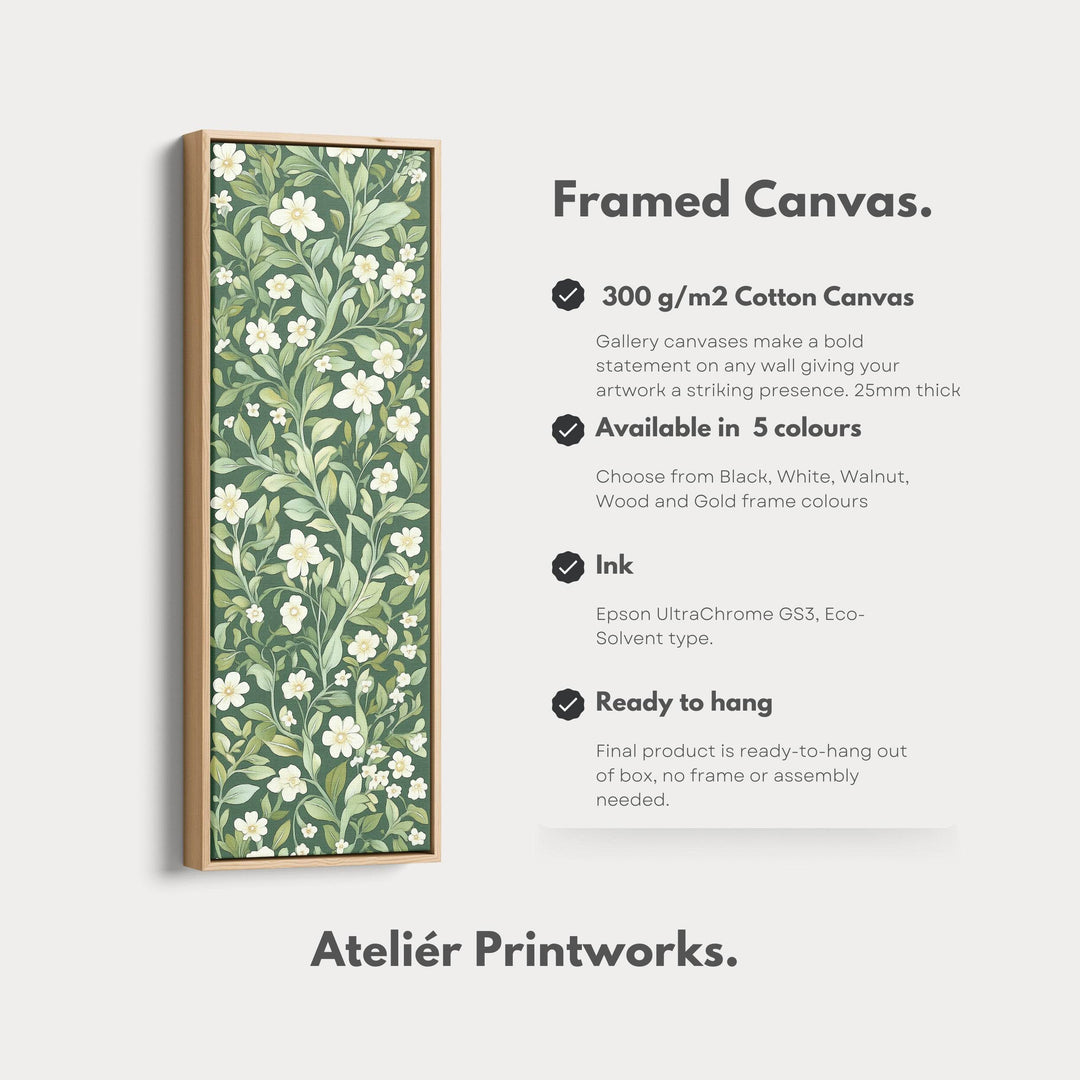 Framed Canvas Narrow Vertical White & Green Floral - Atelier Printworks