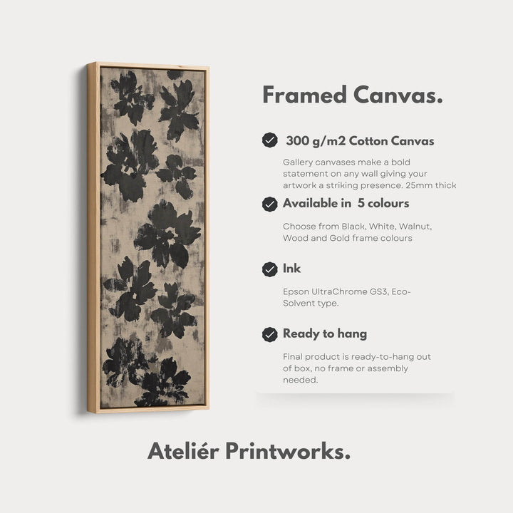 Black Abstract Floral Vertical Long Framed Canvas Wall Art - Atelier Printworks