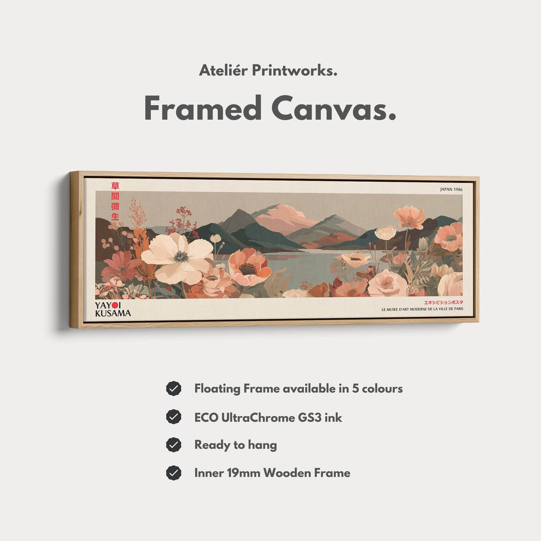 Yayoi Kusama Floral Landscape – Long Narrow Framed Canvas - Japanese Flower & Mountain Wall Art - Atelier Printworks