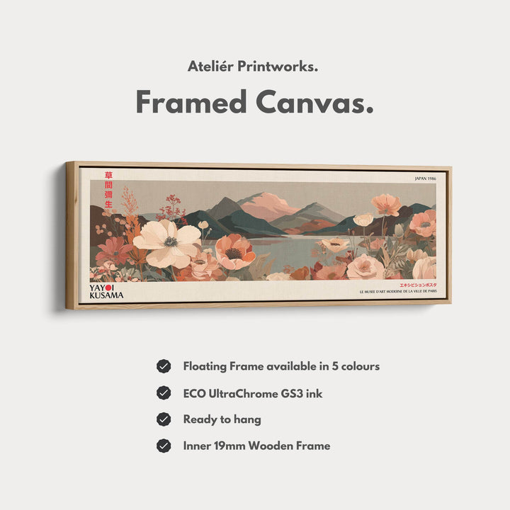Yayoi Kusama Floral Landscape – Long Narrow Framed Canvas - Japanese Flower & Mountain Wall Art - Atelier Printworks