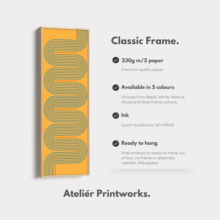 Playful Retro Curves Mustard Vertical Framed Canvas for Bedroom or Creative Workspace - Atelier Printworks