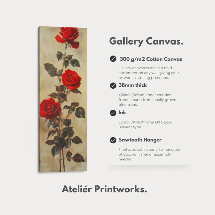 Red Roses Long Narrow Framed Canvas Wall Art For Living Room - Atelier Printworks