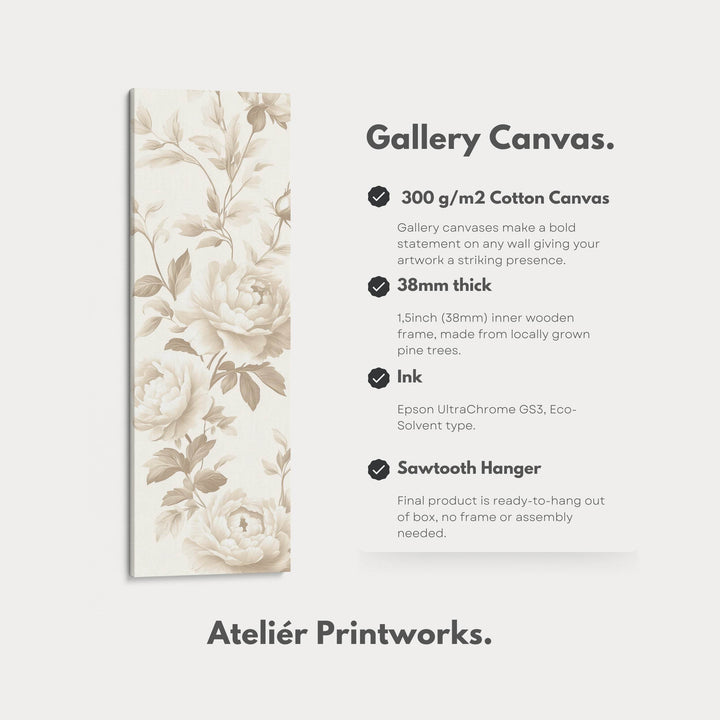 Vertical Beige Peonies Floral Long Framed Canvas Decor - Atelier Printworks