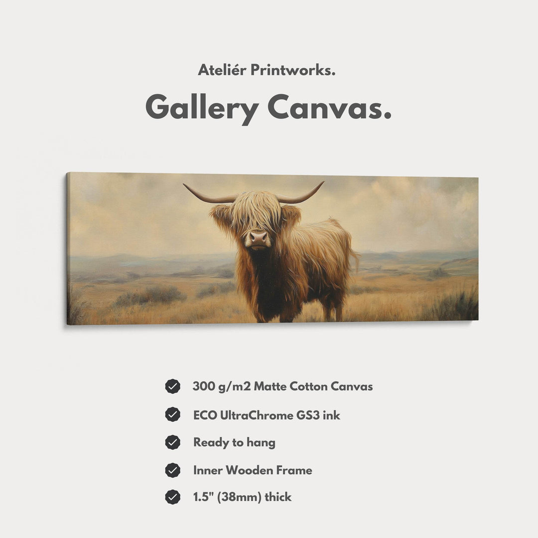 Highland Cow Picture Panoramic Long Narrow Wall Art Large Canvas Decor - Atelier Printworks