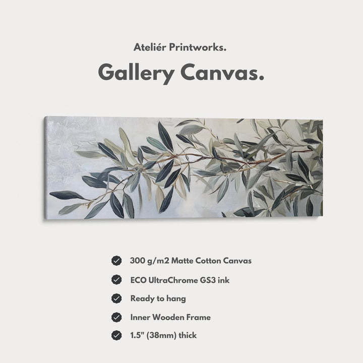 Olive Branch Framed Canvas Wall Art Print Long Horizontal Art - Atelier Printworks