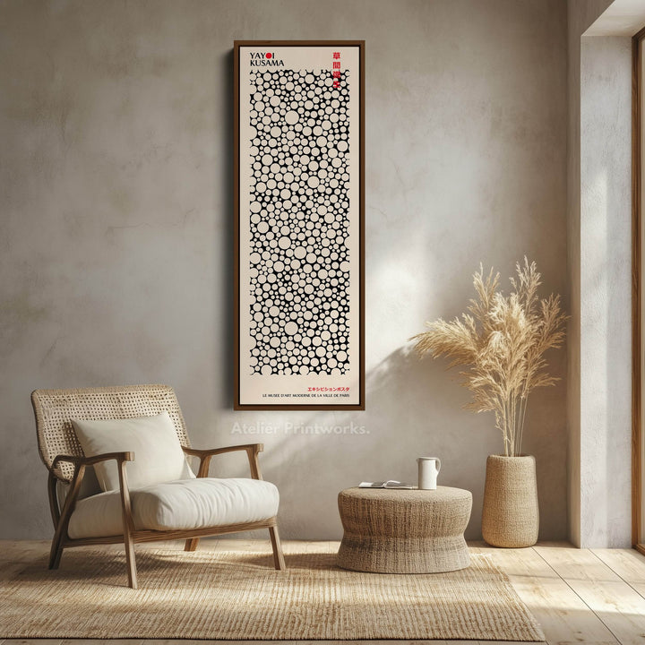Yayoi Kusama Style Long Framed Canvas – Large Vertical Japanese Abstract Wall Art, Japandi Style, Japanese Poster Print - Atelier Printworks