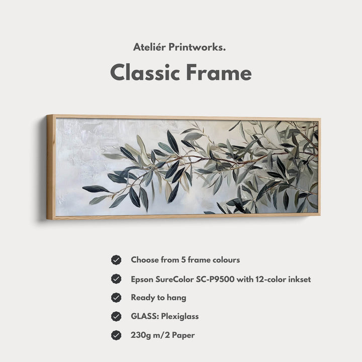 Olive Branch Framed Canvas Wall Art Print Long Horizontal Art - Atelier Printworks