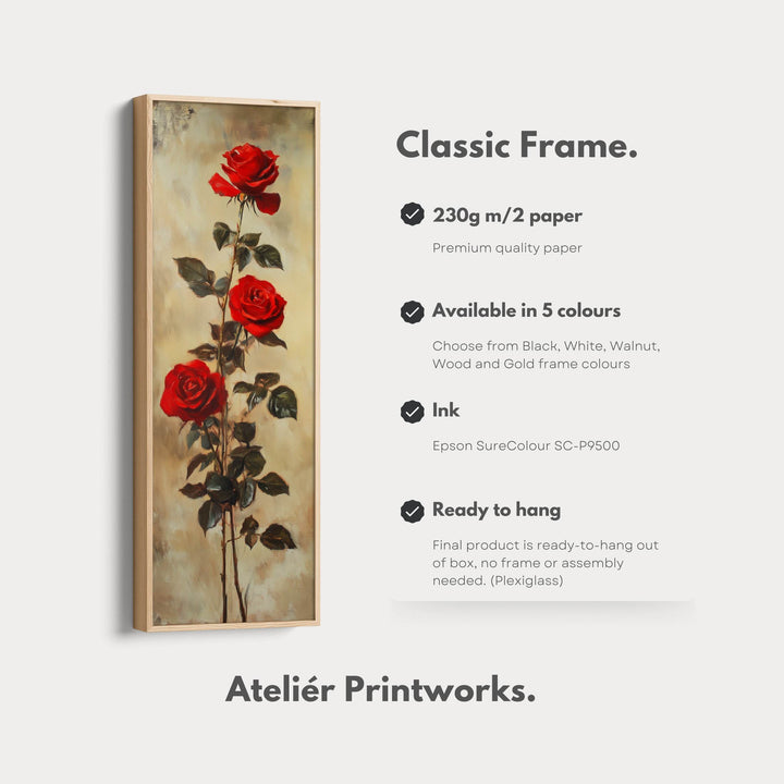 Red Roses Long Narrow Framed Canvas Wall Art For Living Room - Atelier Printworks