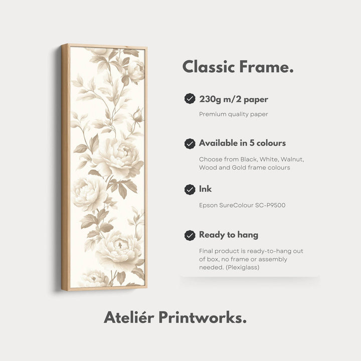 Vertical Beige Peonies Floral Long Framed Canvas Decor - Atelier Printworks