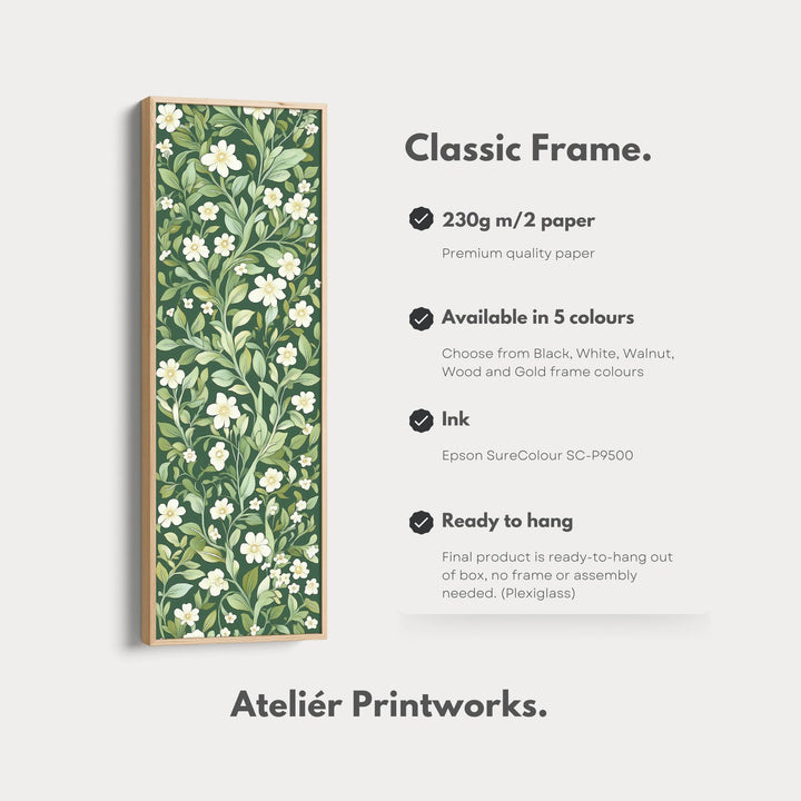 Framed Canvas Narrow Vertical White & Green Floral - Atelier Printworks
