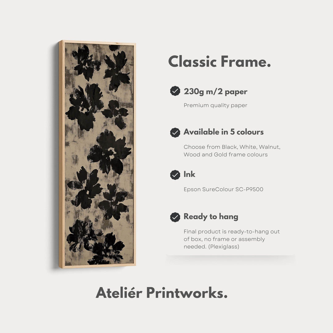 Black Abstract Floral Vertical Long Framed Canvas Wall Art - Atelier Printworks