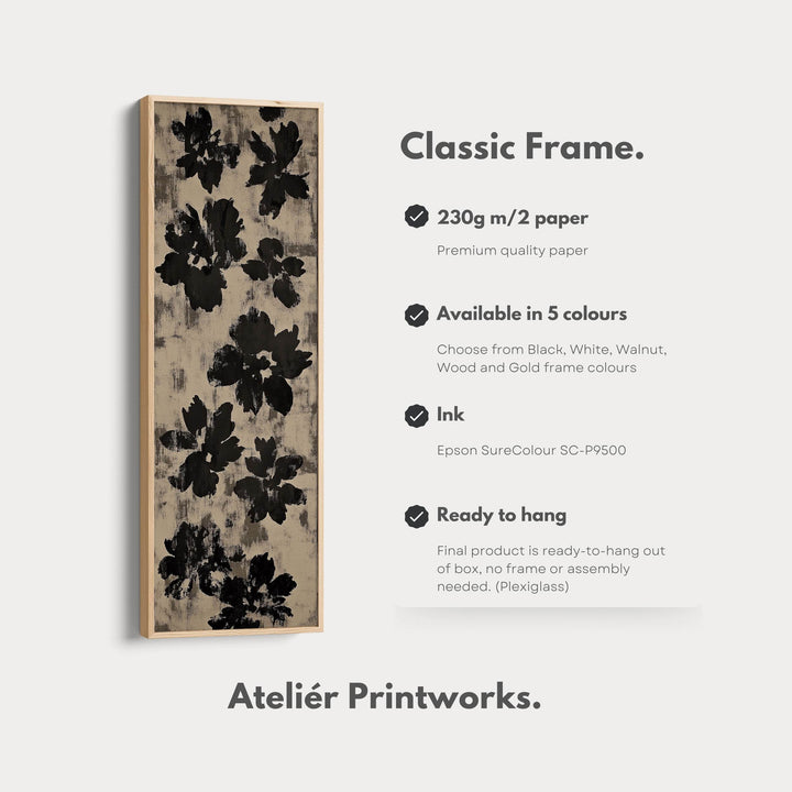 Black Abstract Floral Vertical Long Framed Canvas Wall Art - Atelier Printworks