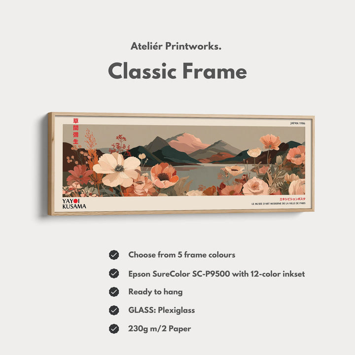 Yayoi Kusama Floral Landscape – Long Narrow Framed Canvas - Japanese Flower & Mountain Wall Art - Atelier Printworks