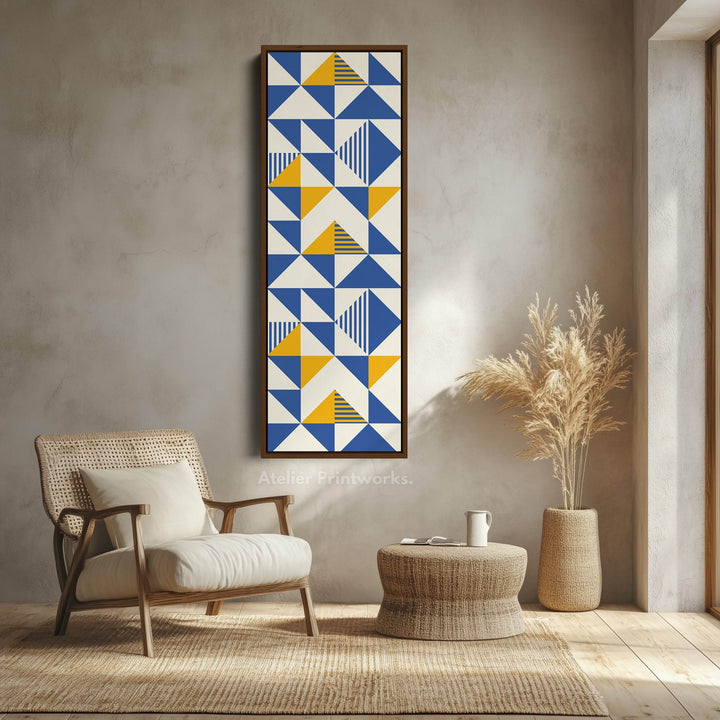 Retro Blue and Yellow Triangles Vertical Framed Canvas Wall Art for Bedroom or Hallway - Atelier Printworks