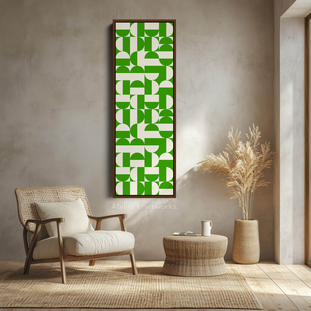 Geometric Green Circles Vertical Framed Canvas Wall Art for Hallway or Office - Atelier Printworks