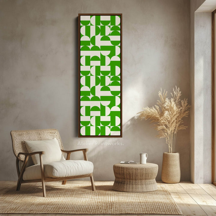 Geometric Green Circles Vertical Framed Canvas Wall Art for Hallway or Office - Atelier Printworks